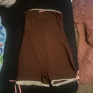 Brown Lace-Trim Sleep Romper with Pink Ribbon Accents